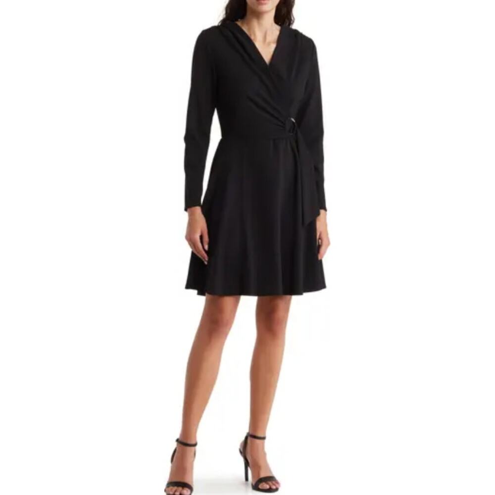 Marina Long Sleeve Scuba Crepe Faux Wrap Dress Black Size M Buckle Detail